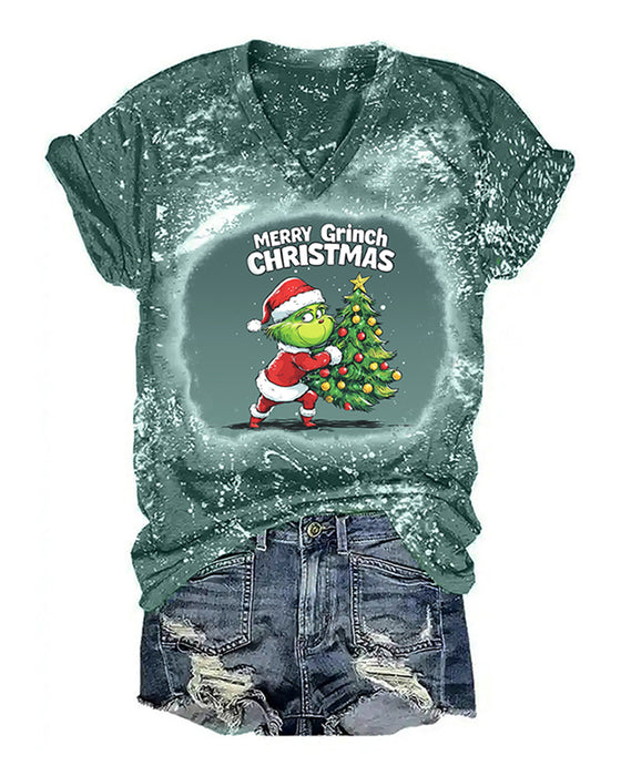 T-shirt mit v-ausschnitt und weihnachtsbaum-grinch-schriftzug