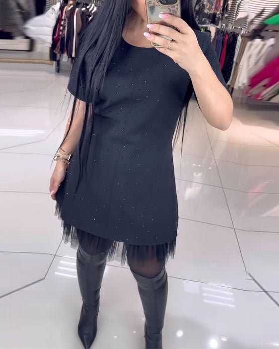 Kleid Kurzarm Mesh Rock Perlen Nähte