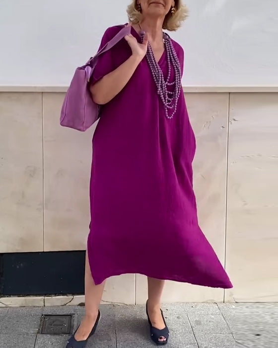 Kleid V-Ausschnitt einfarbig einfach lang