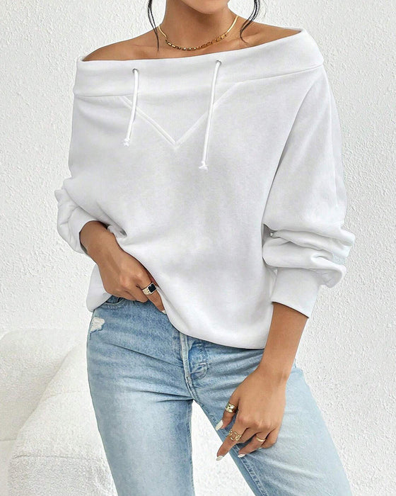 Modisches, einfarbiges sweatshirt mit one-shoulder-ärmel und kordelzug