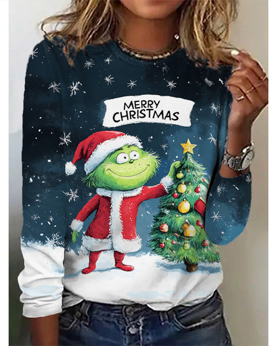 Rundhals-oberteil mit weihnachtsbaum-grinch-print