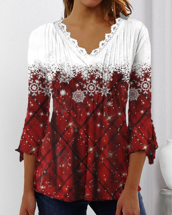 Snowflake Print V-Ausschnitt Top