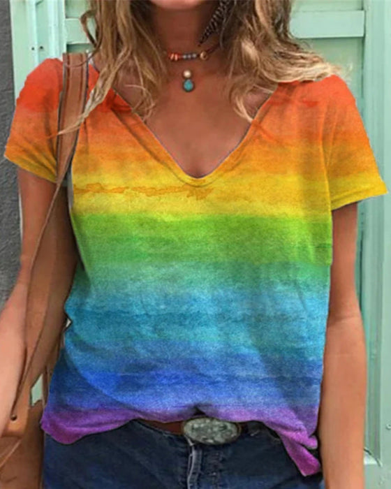 Lässiges T-Shirt mit V-Ausschnitt und Regenbogen-Print