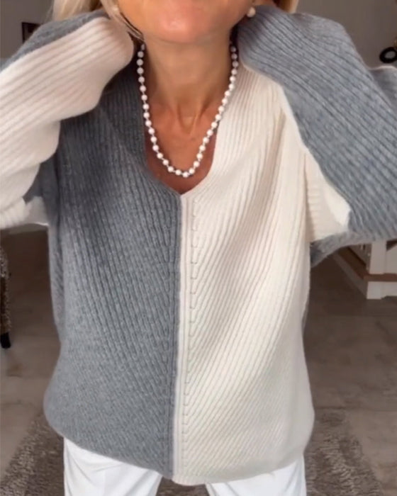 V-Ausschnitt Farbblockpullover