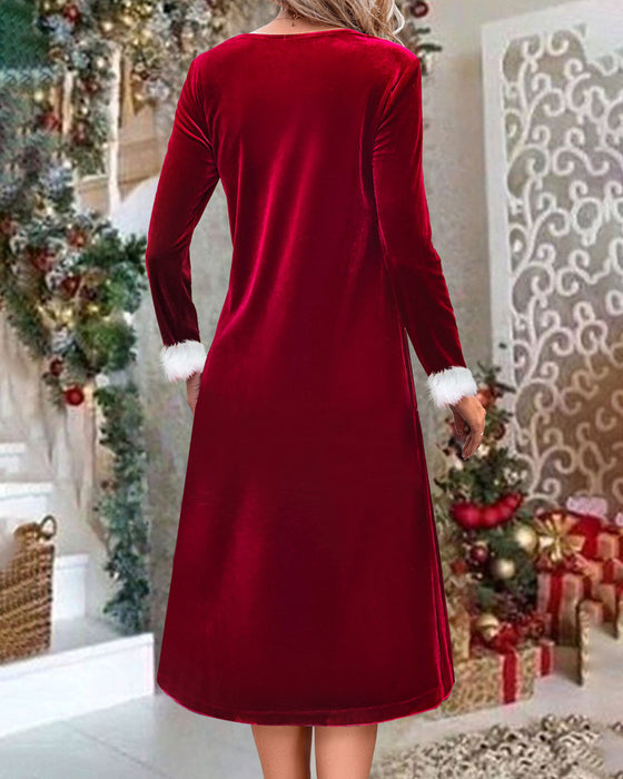 Elegantes Kleid Mit V-Ausschnitt Und Pelzkragen