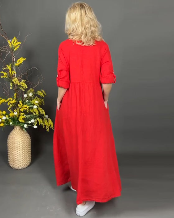 Kleid aus einfarbigem Baumwoll- und Leinenmaterial