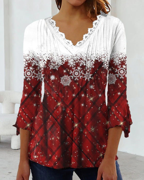 Snowflake Print V-Ausschnitt Top