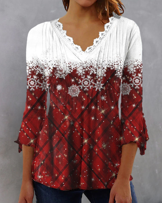 Snowflake Print V-Ausschnitt Top