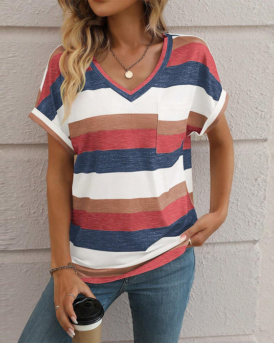 T-Shirt mit V-Ausschnitt und kurzen Ärmeln und Farbblockierung